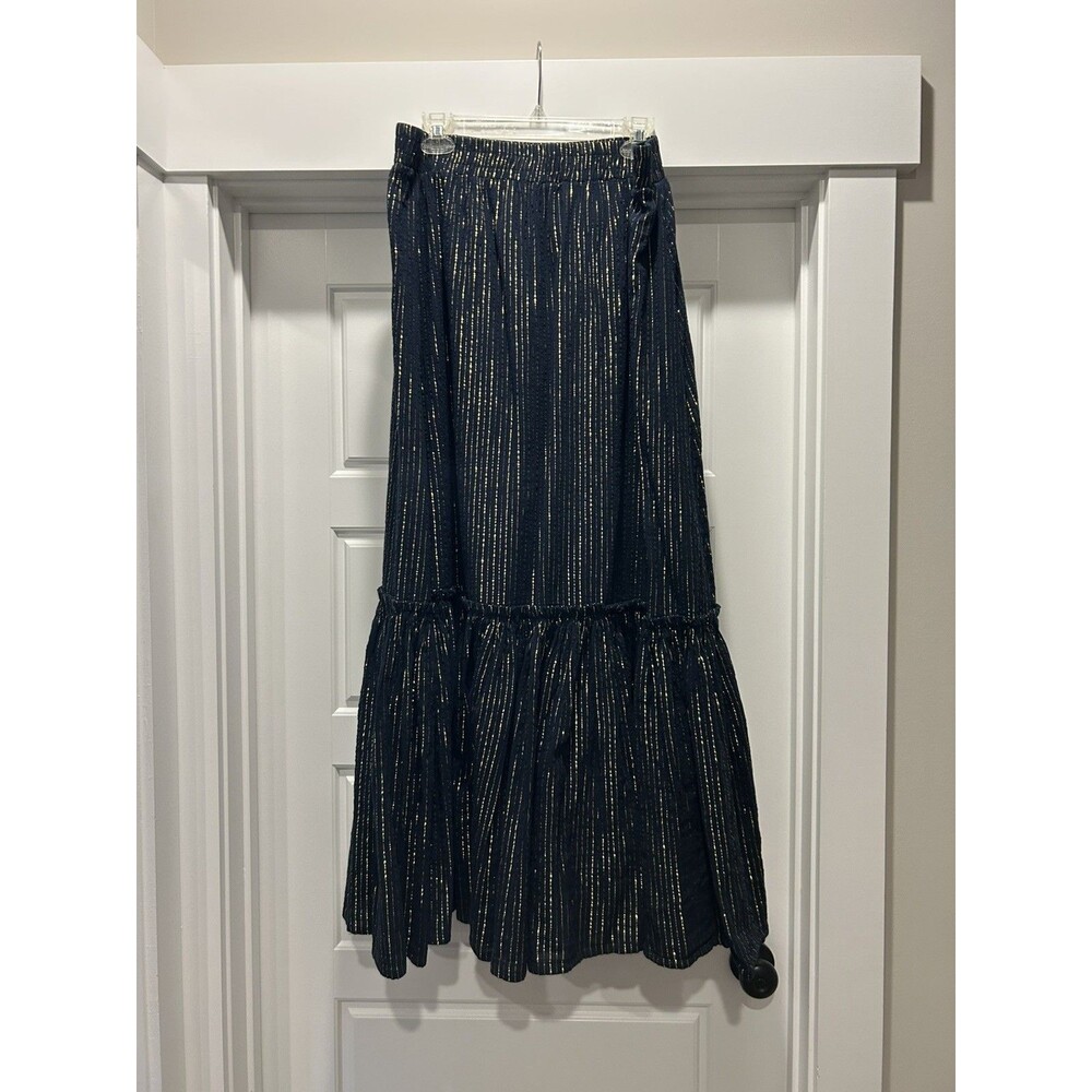 Boden Skirt Womens 14 Maxi Navy Gold Stripe Tiered Broomstick Lined Pull On Boho